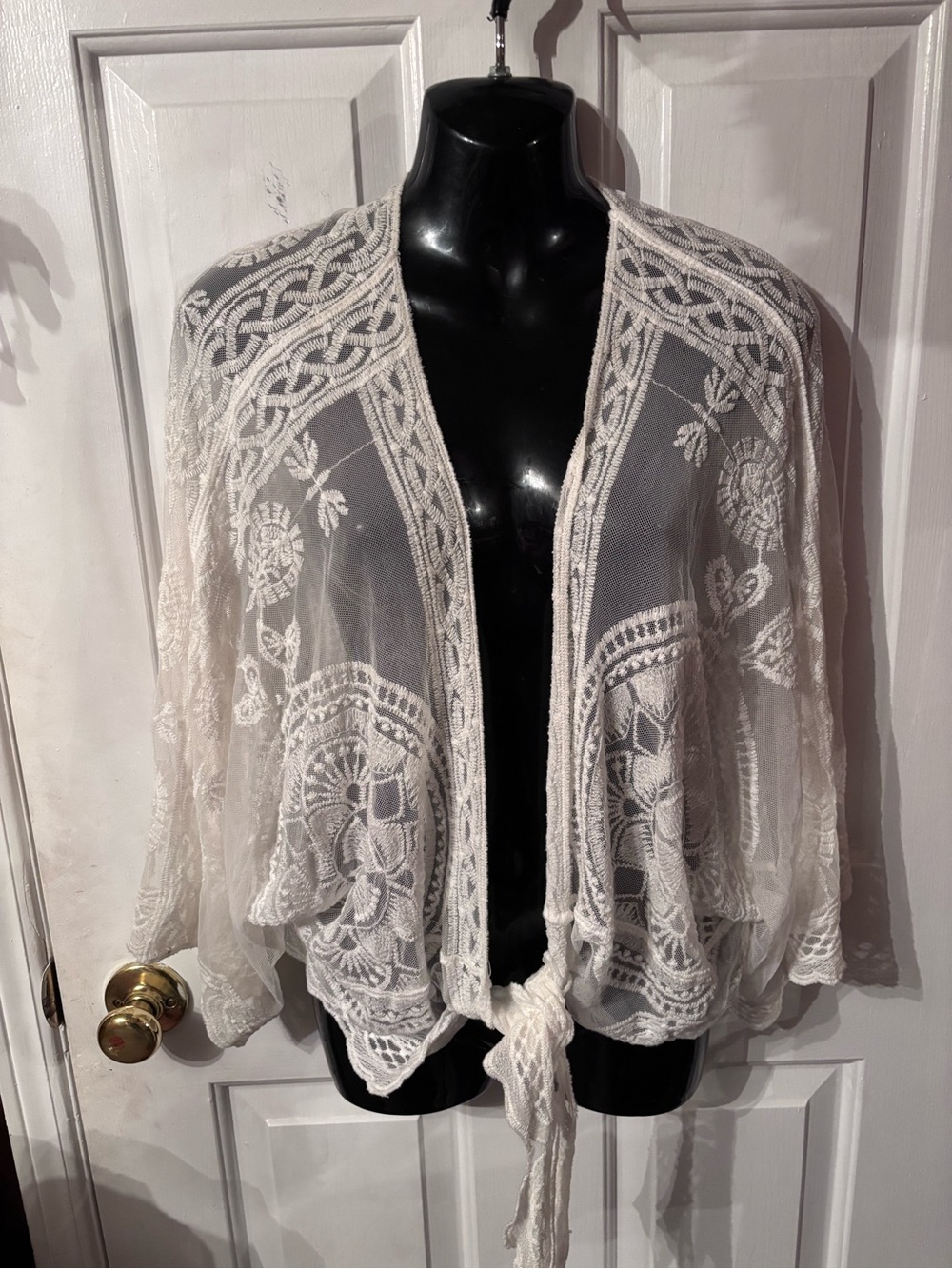 Rachel Zoe Ivory Sheer Embroidered Tie-Front Cape